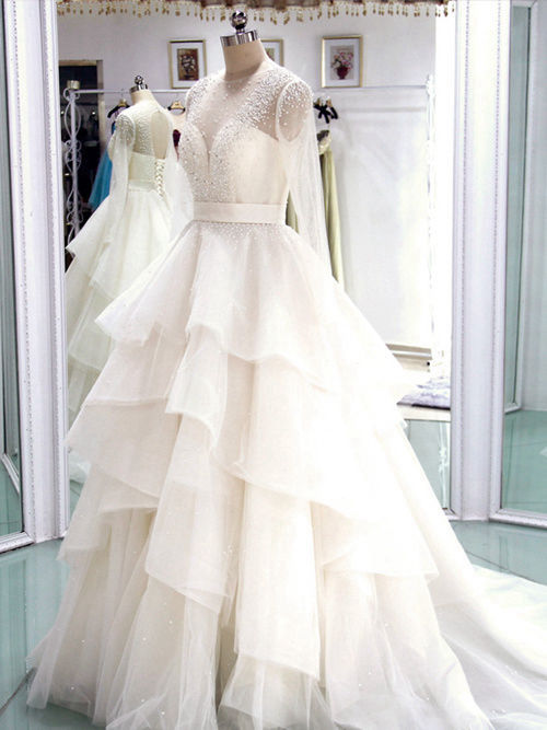 A-line Sheer Court Train Tulle Sleeves Wedding Dress Pearls