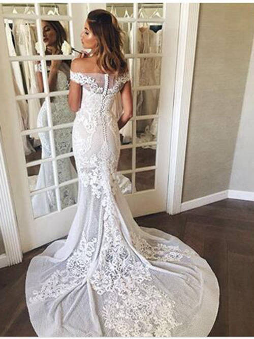 Mermaid Off Shoulder Court Train Lace Wedding Gown