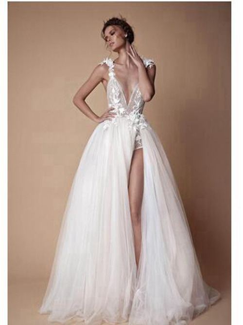 A-line V Neck Sweep Train Lace Tulle Wedding Wear