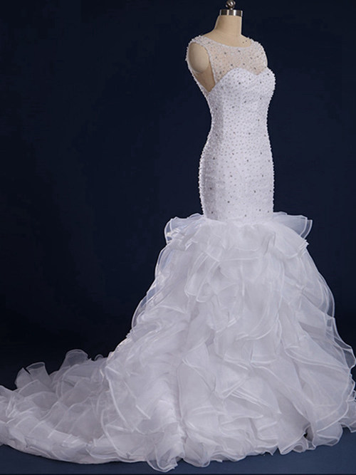 Mermaid Scoop Sweep Train Organza Wedding Dress Ruffles Beads