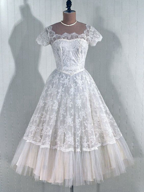 A-line Sqaure Tea Length Lace Sleeves Bridal Wear