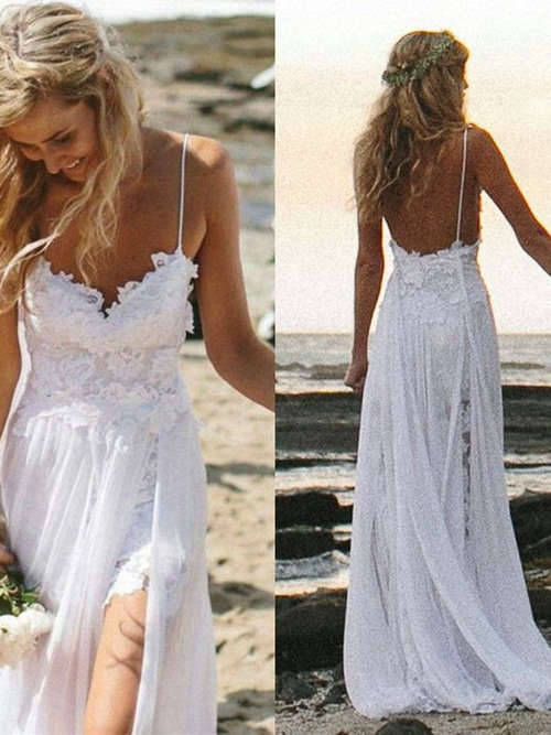 A-line Spaghetti Straps Chiffon Beach Bridal Dress Applique