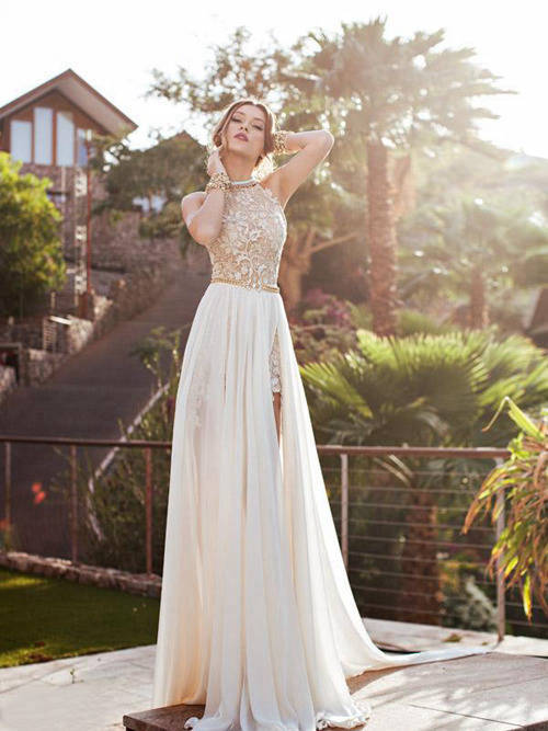 A-line Jewel Sweep Train Chiffon Bridal Gown Applique Beads