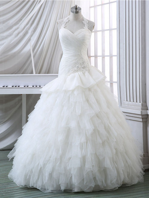 A-line Halter Floor Length Tulle Wedding Wear Applique
