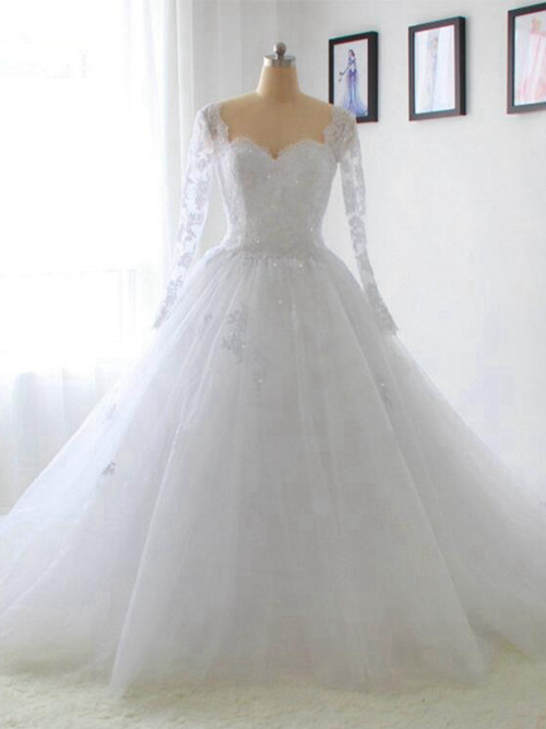 A-line Sweetheart Brush Train Organza Lace Sleeves Bridal Dress