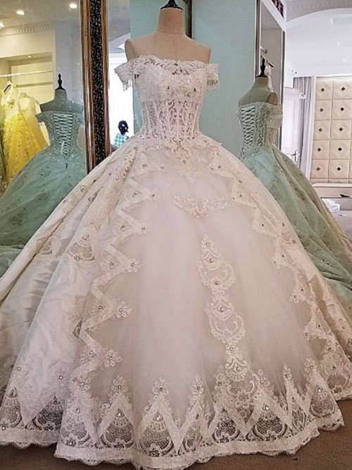 Ball Gown Off Shoulder Sweep Train Lace Organza Wedding Wear App