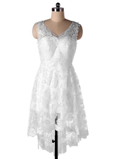 A-line V Neck High Low Lace Bridal Dress