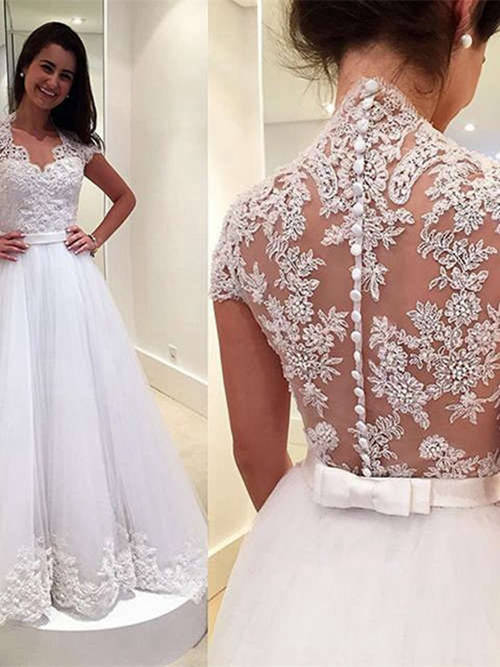 A-line V Neck Brush Train Organza Lace Wedding Wear