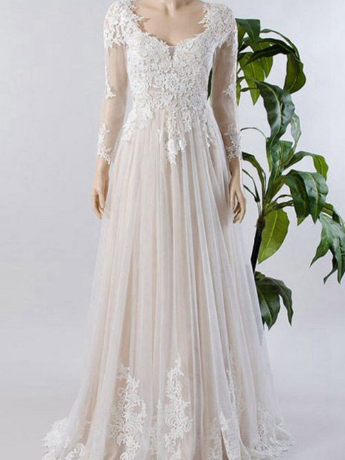 A-line V Neck Sweep Train Tulle Lace Sleeves Bridal Wear