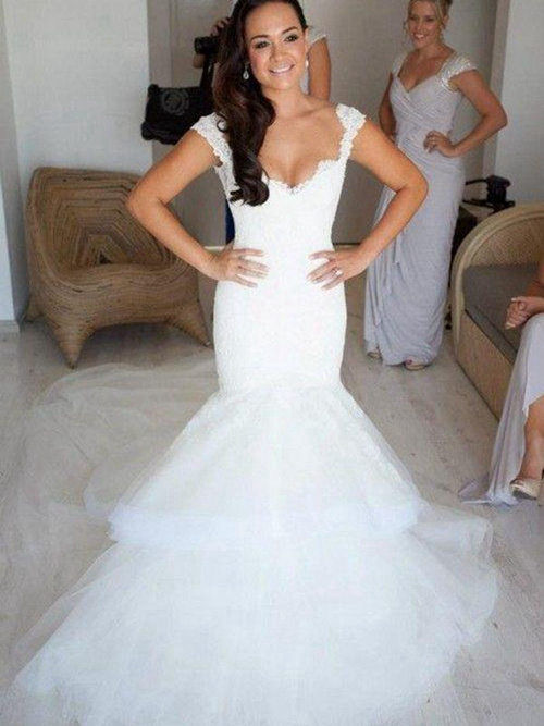 Mermaid Straps Brush Train Tulle Lace Wedding Dress