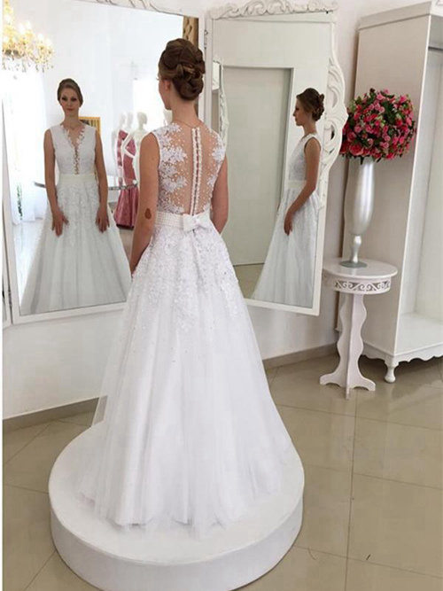 A-line V Neck Floor Length Organza Lace Bridal Dress Bowknot
