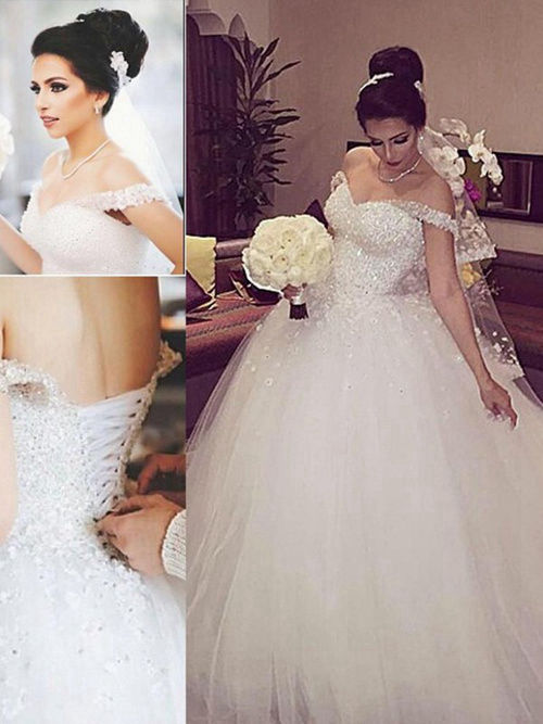 Ball Gown Off Shoulder Sweep Train Tulle Wedding Wear Beads