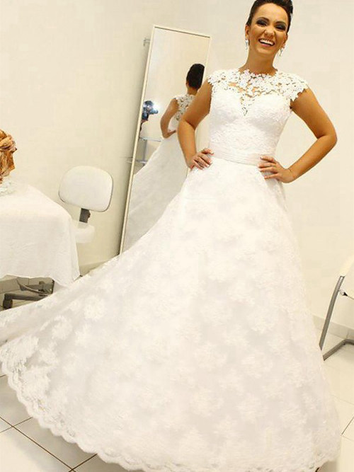 A-line Jewel Brush Train Lace Wedding Wear