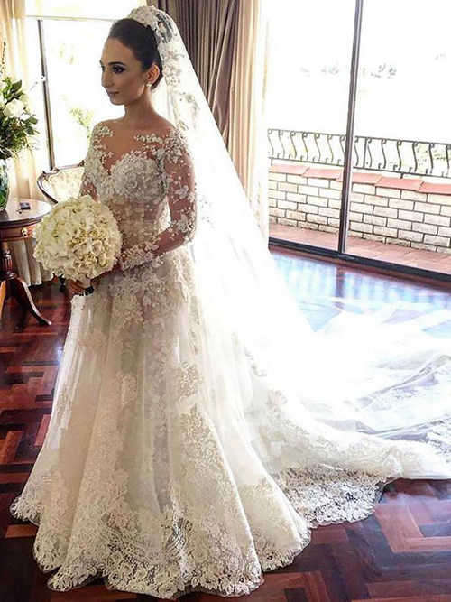 A-line Sheer Court Train Lace Sleves Bridal Wear