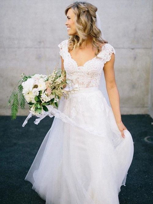 A-line V Neck Floor Length Tulle Lace Wedding Dress