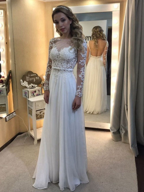A-line Sheer Floor Length Lace Sleeves Chiffon Bridal Wear