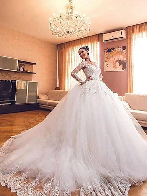 Ball Gown V Neck Sweep Train Tulle Sleeves Wedding Wear Applique