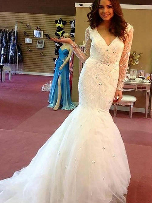 Mermaid V Neck Sweep Train Organza Wedding Dress Beads