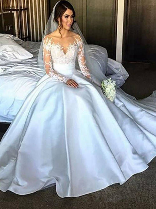 A-line Off Shoulder Court Train Lace Sleves Satin Bridal Wear