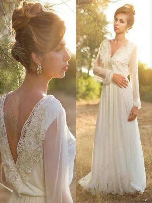 A-line V Neck Sweep Train Chiffon Sleeves Lace Bridal Gown