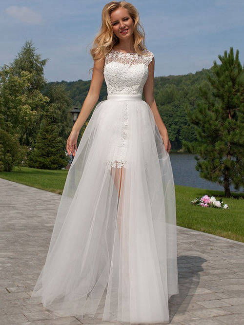 A-line Scoop Floor Length Organza Lace Bridal Wear