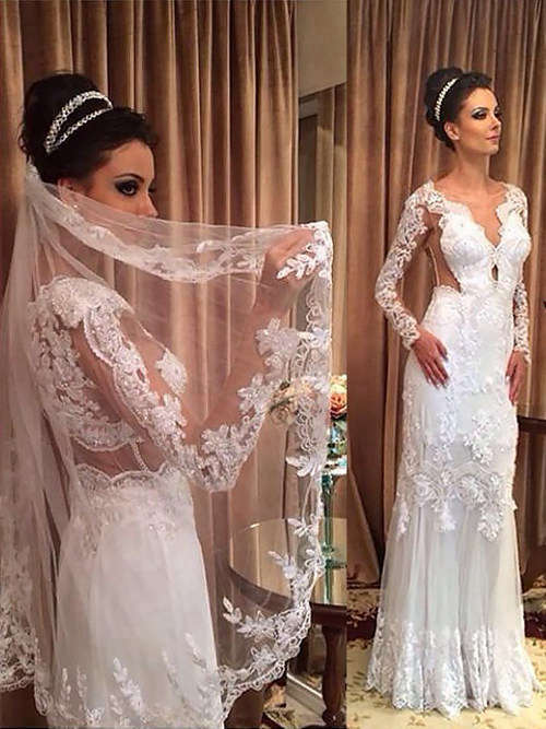 Mermaid V Neck Floor Length Lace Sleeves Wedding Dress