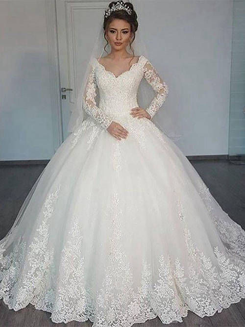 Ball Gown V Neck Sweep Train Lace Sleeves Organza Wedding Wear