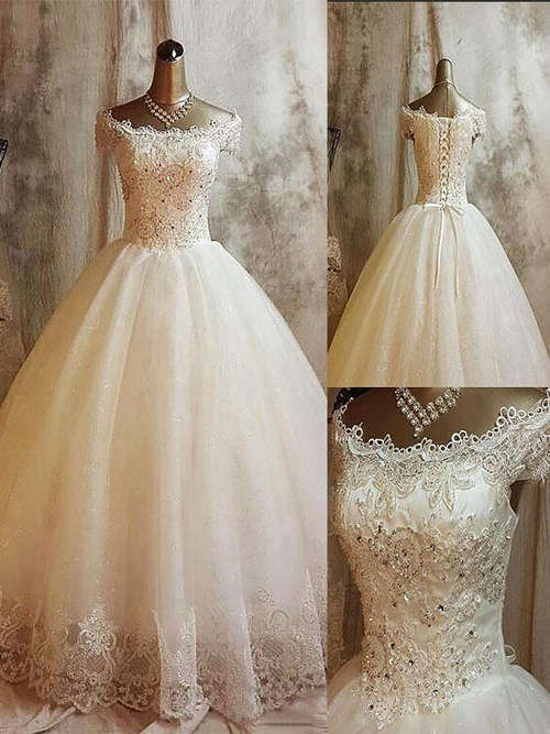 Ball Gown Scoop Floor Length Organza Lace Wedding Wear Beads