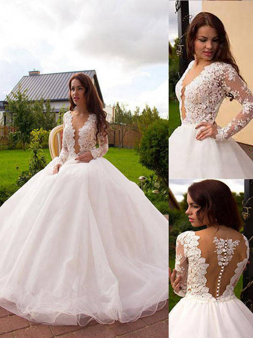 Ball Gown V Neck Sweep Train Lace Sleeves Chiffon Wedding Wear
