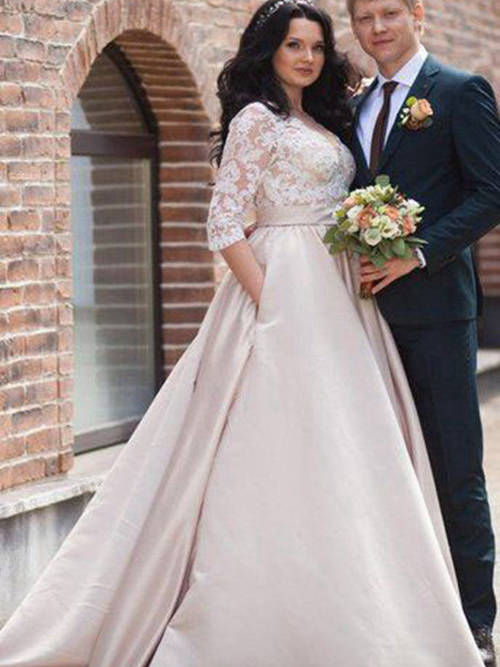 A-line V Neck Satin Lace Sleeves Plus Size Wedding Dress