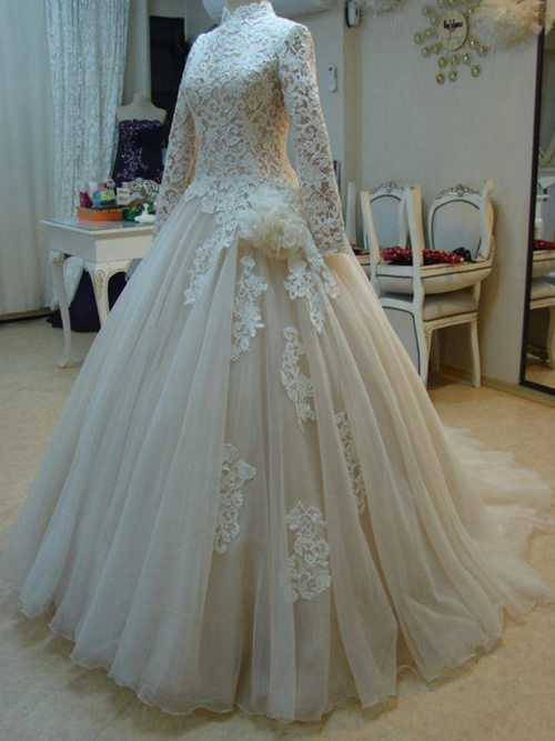 A-line High Neck Sweep Train Organza Lace Sleeves Wedding Dress