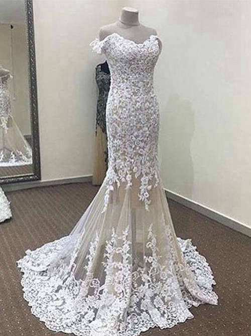 Mermaid Sweetheart Brush Train Lace Bridal Dress
