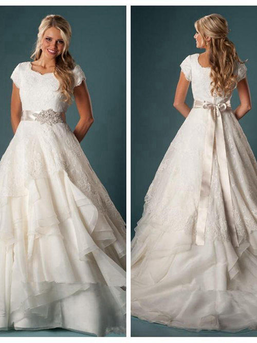 A-line Sweetheart Sweep Train Lace Organza Wedding Wear Belt