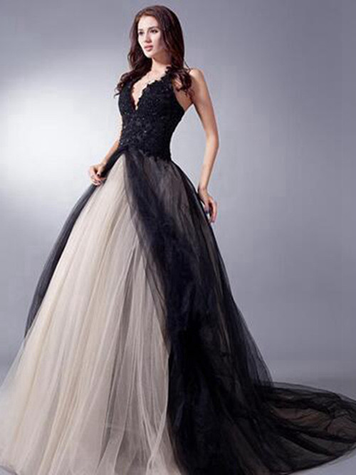 A-line Halter Tulle Lace Black Champagne Wedding Wear