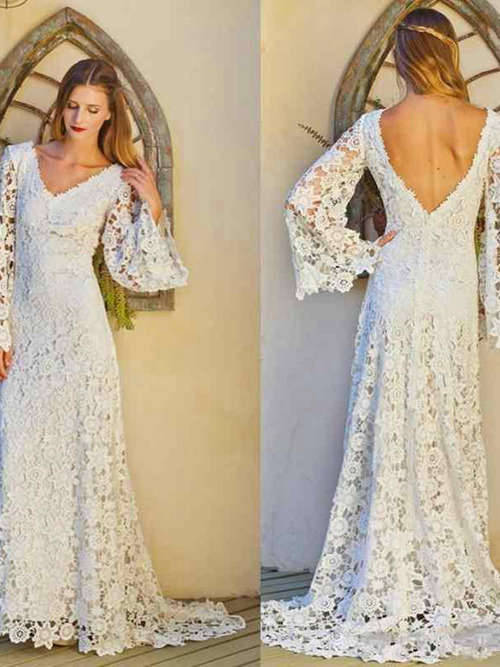 A-line V Neck Sweep Train Lace Sleeves Wedding Wear