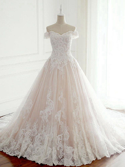 A-line Off Shoulder Court Train Lace Wedding Dress