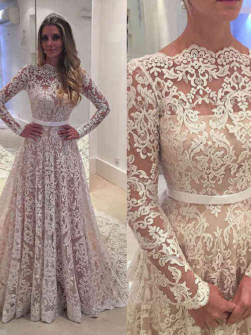 A-line High Neck Court Train Lace Sleeves Wedding Gown