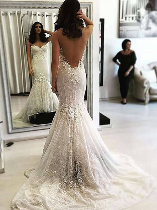 Mermaid Sweetheart Sweep Train Lace Bridal Gown Applique