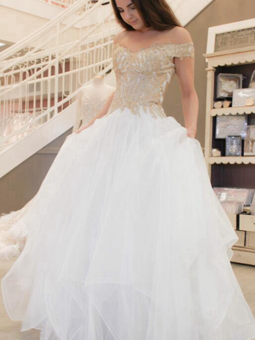 A-line Off Shoulder Floor Length Organza Bridal Dress Applique
