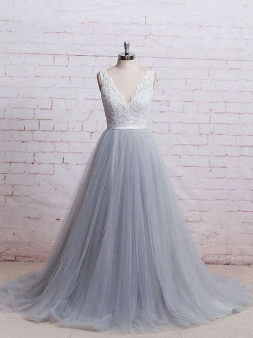A-line V Neck Brush Train Lace Tulle Wedding Dress