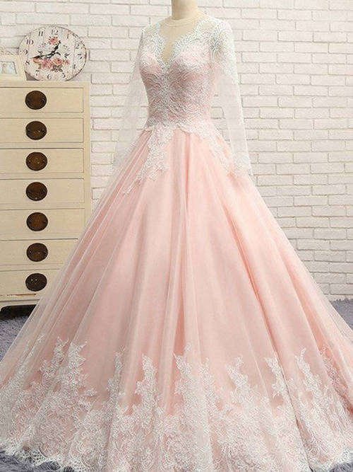 A-line V Neck Lace Sleeves Organza Pink Wedding Wear