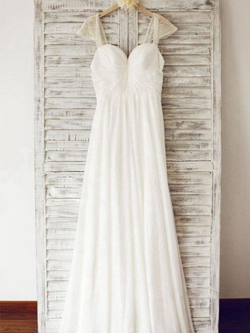 A-line Straps Floor Length Chiffon Bridal Wear Pearls