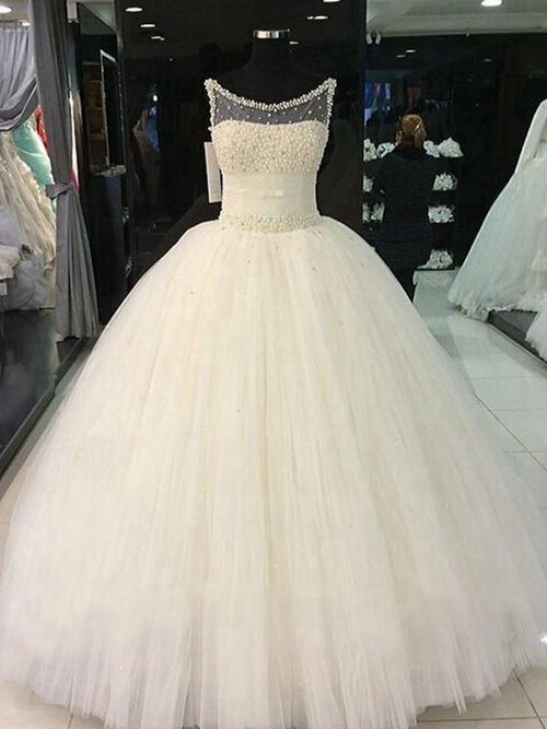Ball Gown Scoop Floor Length Tulle Bridal Dress Pearls