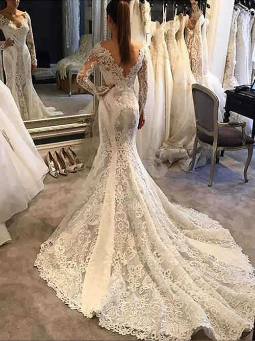 Mermaid V Neck Court Train Lace Sleeves Bridal Dress