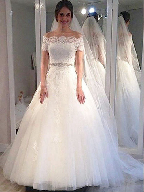 A-line Off Shoulder Organza Lace Sleeves Wedding Gown Beads