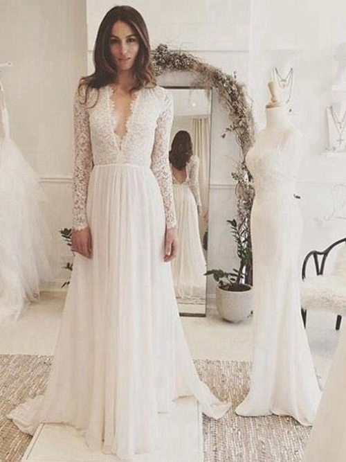 A-line V Neck Sweep Train Chiffon Lace Sleeves Wedding Gown