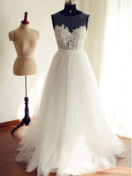 A-line Sheer Brush Train Tulle Lace Bridal Gown