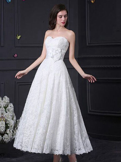 A-line Sweetheart Tea Length Lace Wedding Dress Flower