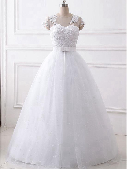 A-line Sheer Floor Length Organza Lace Bridal Dress