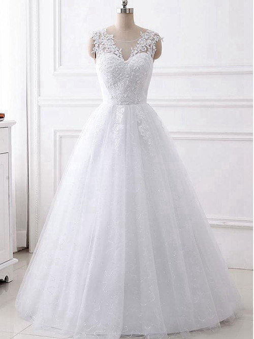 A-line V Neck Floor Length Organza Lace Bridal Dress